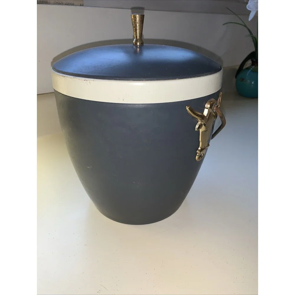 HFT Mid Century Gits Ware Ice Bucket Gray with Gold Longhorn Medallions and Trim